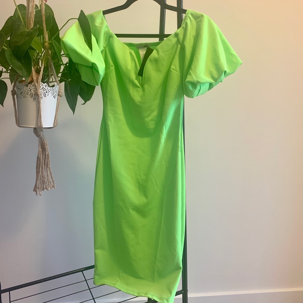 Neon green midi body con dress